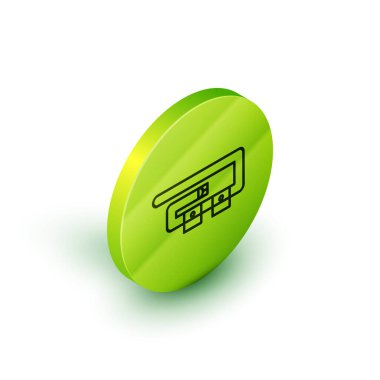 Beyaz arkaplanda izole edilmiş Isometric çizgi dalış kemeri simgesi. Dalış takımları. Su altı ekipmanları. Yeşil daire düğmesi. Vektör İllüstrasyonu