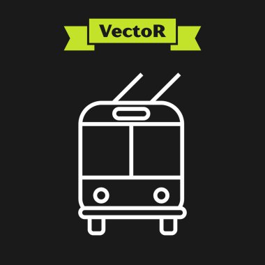 Beyaz çizgi Trolleybus simgesi siyah arkaplanda izole edildi. Toplu taşıma sembolü. Vektör İllüstrasyonu