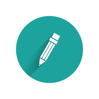 Silgi simgesine sahip beyaz kalem uzun gölgeli. Çizim ve eğitim araçları. Okul sembolü. Yeşil daire düğmesi. Vektör İllüstrasyonu