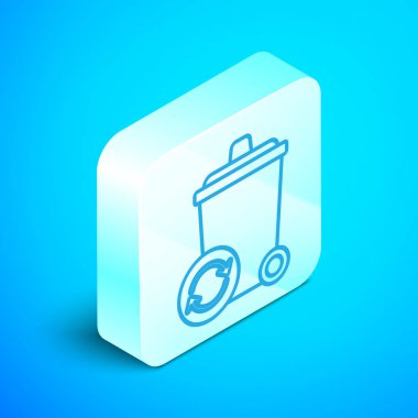 Mavi arkaplanda izole edilmiş geri dönüşüm sembolü simgesi olan Isometric satır geri dönüşüm kutusu. Çöp kutusu simgesi. Çöp kutusu tabelası. Geri dönüşüm sepeti işareti. Gümüş kare düğme. Vektör İllüstrasyonu