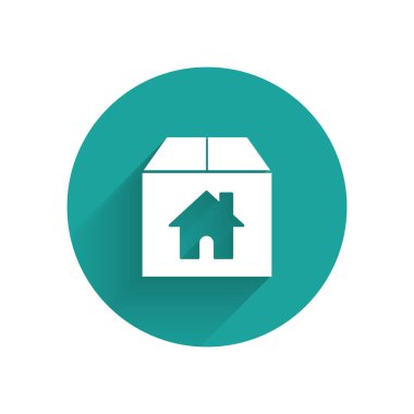 White Cardboard box with house symbol icon isolated with long shadow. Box, package, parcel sign. Delivery, transportation and shipping. Green circle button. Vector Illustration