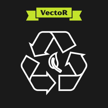 Siyah arkaplanda beyaz çizgi geri dönüşüm sembolü ve yaprak simgesi var. Çevre geri dönüşümü yeşile döner. Vektör İllüstrasyonu