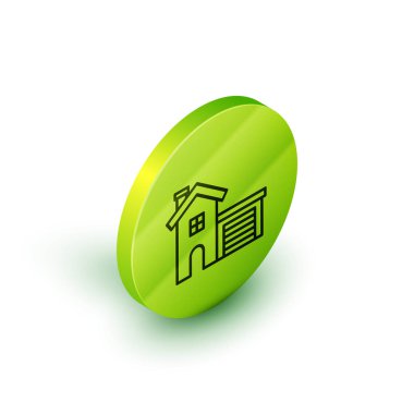 Beyaz arkaplanda Isometric çizgi simgesi izole edildi. Ev sembolü. Yeşil daire düğmesi. Vektör İllüstrasyonu