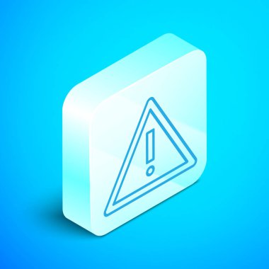 Mavi arkaplanda izole edilmiş üçgen simgesiyle Isometric satır ünlem işareti. Tehlike uyarısı, dikkat, dikkat, tehlike uyarısı önemli bir işaret. Gümüş kare düğme. Vektör İllüstrasyonu