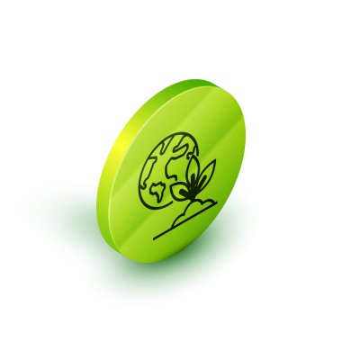 İzometrik çizgi Dünya küresi ve bitki simgesi beyaz arka planda izole edildi. Dünya ya da Dünya işareti. Geometrik şekiller. Çevresel konsept. Yeşil daire düğmesi. Vektör İllüstrasyonu