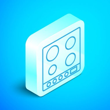 Isometric hattı ocak ikonu mavi arkaplanda izole edildi. Mutfak tabelaları. Dört daire ocağı olan bir hob. Gümüş kare düğme. Vektör İllüstrasyonu