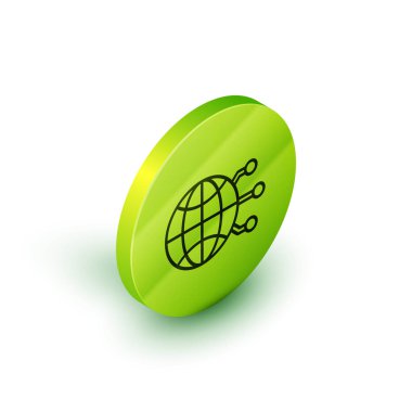 Isometric Line Global teknolojisi veya sosyal ağ simgesi beyaz arkaplanda izole edildi. Yeşil daire düğmesi. Vektör İllüstrasyonu
