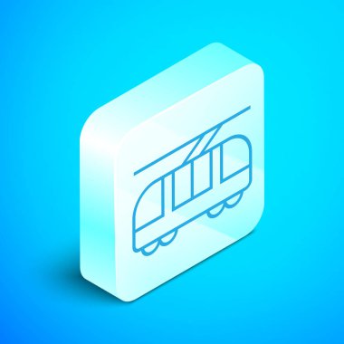 Tramvay ve demiryolu ikonu mavi arka planda izole edildi. Toplu taşıma sembolü. Gümüş kare düğme. Vektör İllüstrasyonu