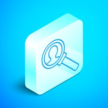 Mavi arkaplanda izole edilmiş arama simgesi için Isometric çizgi büyüteç. İşe alım ya da seçim konsepti. Çalışanları ve işi ara. Gümüş kare düğme. Vektör İllüstrasyonu