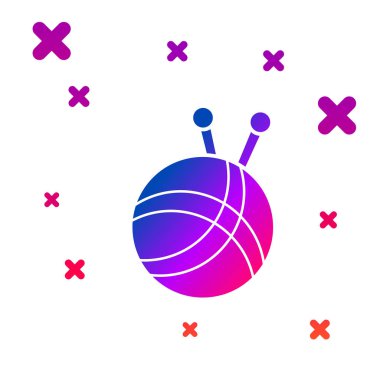 Beyaz arka plan üzerinde izole örgü iğneleri simgesi ile Renk İplik topu. El yapımı, örgü veya terzi dükkanı için etiket. Gradyan rasgele dinamik şekiller. Vektör İllüstrasyonu