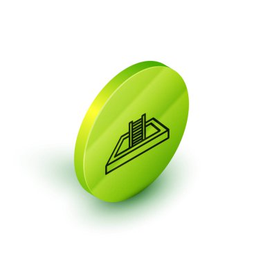 Beyaz arka planda izole edilmiş merdiven ikonu olan Isometric çizgi yüzme havuzu. Yeşil daire düğmesi. Vektör İllüstrasyonu