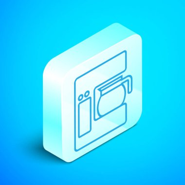 Mavi arka planda cam demlik ikonu olan Isometric marka kahve makinesi. Gümüş kare düğme. Vektör İllüstrasyonu