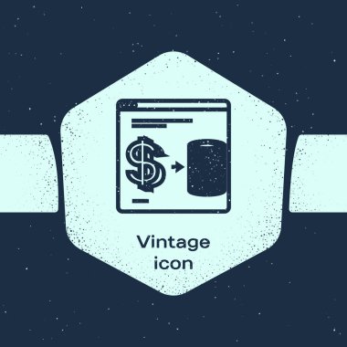 Grunge Line Online kumarhane fişleri mavi arka planda izole edilmiş bir yığın dolar ikonu üzerinde değiş tokuş yapıyor. Tek renkli klasik çizim. Vektör İllüstrasyonu