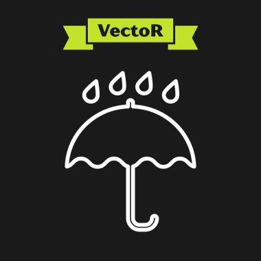 Beyaz çizgi Şemsiye ve yağmur damlaları simgesi siyah arkaplanda izole edildi. Su geçirmez ikon. Koruma, güvenlik, güvenlik kavramı. Suya dayanıklı sembol. Vektör İllüstrasyonu