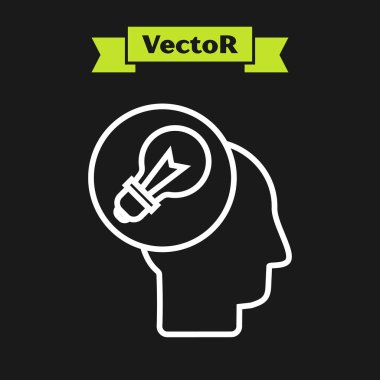 Beyaz çizgi insan kafası ve siyah arka planda izole lamba ikonu. Vektör İllüstrasyonu