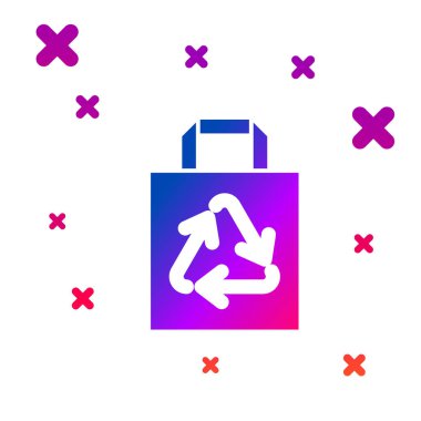 Color Paper shopping bag with recycle icon isolated on white background. Bag with recycling symbol. Gradient random dynamic shapes. Vector Illustration