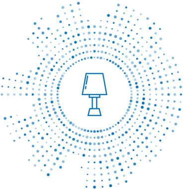 Mavi çizgi masa lambası simgesi beyaz arkaplanda izole edildi. Soyut çember rastgele noktalar. Vektör İllüstrasyonu