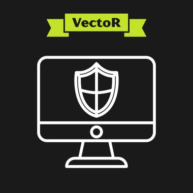 Beyaz çizgi bilgisayar monitörü ve kalkan simgesi siyah arkaplanda izole edildi. Güvenlik, güvenlik duvarı teknolojisi, internet gizliliği ya da antivirüs. Vektör İllüstrasyonu