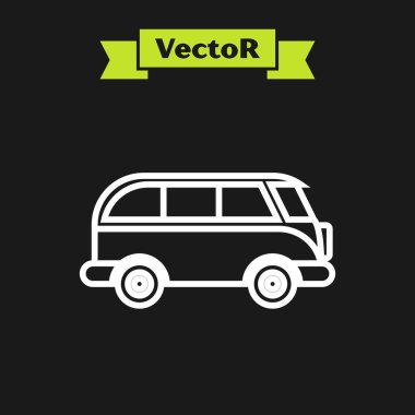 Beyaz çizgi Retro minivan simgesi siyah arkaplanda izole edildi. Eski klasik seyahat minibüsü. Vektör İllüstrasyonu
