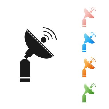 Siyah Radar simgesi beyaz arkaplanda izole edildi. Arama sistemi. Uydu sinyali. Simgeleri renklendirin. Vektör İllüstrasyonu