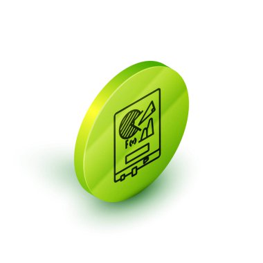 Beyaz arka planda izole edilmiş grafik grafik simgesine sahip İzometrik çizgi Panosu. Metin dosyası simgesini bildirin. Muhasebe işareti. Denetim, analiz, planlama. Yeşil daire düğmesi. Vektör İllüstrasyonu