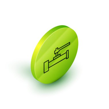 Isometric line Industry metalik borular ve beyaz arka planda izole edilmiş kapakçık simgesi. Yeşil daire düğmesi. Vektör İllüstrasyonu