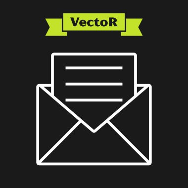 Siyah arkaplanda izole edilmiş davetiye kartı simgesi olan beyaz çizgi Zarfı. Vektör İllüstrasyonu