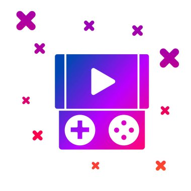 Beyaz arkaplanda renkli taşınabilir video oyun konsolu simgesi izole edildi. Av alanı tabelası. Oyun konsepti. Kademeli rastgele dinamik şekiller. Vektör İllüstrasyonu