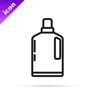 Siyah çizgi plastik şişe sıvı çamaşır deterjanı, çamaşır suyu, bulaşık deterjanı ya da beyaz arka planda izole edilmiş başka bir temizlik maddesi ikonu için. Vektör İllüstrasyonu