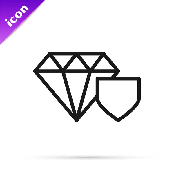 Diamante de línea negra con icono de escudo aislado sobre fondo blanco. Concepto de seguro de joyas. Seguridad, seguridad, protección, concepto de protección. Ilustración vectorial — Vector de stock