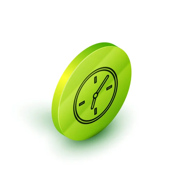 흰색 배경에 격리 된 등각칭 선 시계 아이콘입니다. 시간 기호입니다. 녹색 원 버튼입니다. 벡터 일러스트레이션 — 스톡 벡터