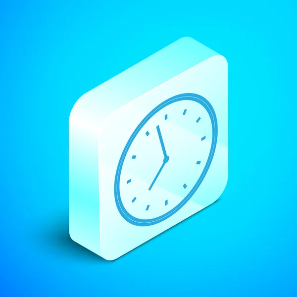 Icono de reloj de línea isométrica aislado sobre fondo azul. Símbolo de tiempo. Botón cuadrado plateado. Ilustración vectorial — Archivo Imágenes Vectoriales