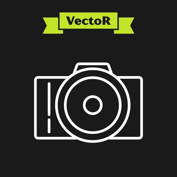 Weiße Linie Fotokamera-Symbol isoliert auf schwarzem Hintergrund. Ikone der Fotokamera. Vektorillustration — Stockvektor
