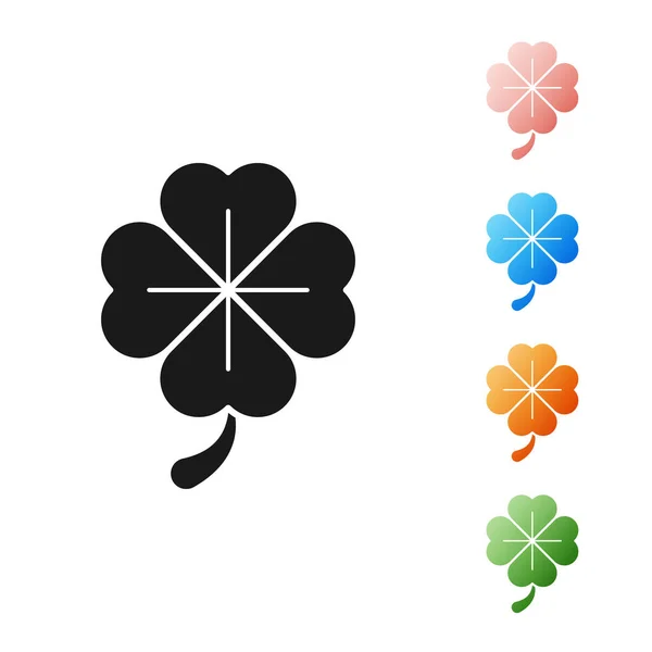 Zwarte klavertje vier pictogram geïsoleerd op witte achtergrond. Fijne Saint Patrick dag. Stel pictogrammen kleurrijk. Vector Illustratie — Stockvector