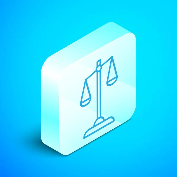 Izometrikus vonal Scales of Justice ikon elszigetelt kék alapon. A bíróság szimbóluma. Mérlegtábla. Ezüst négyzet gomb. Vektorillusztráció — Stock Vector