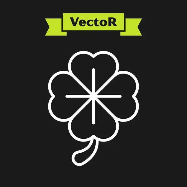 White line Four leaf clover icon isolated on black background. Happy Saint Patrick day. Vector Illustration — Stock Vector