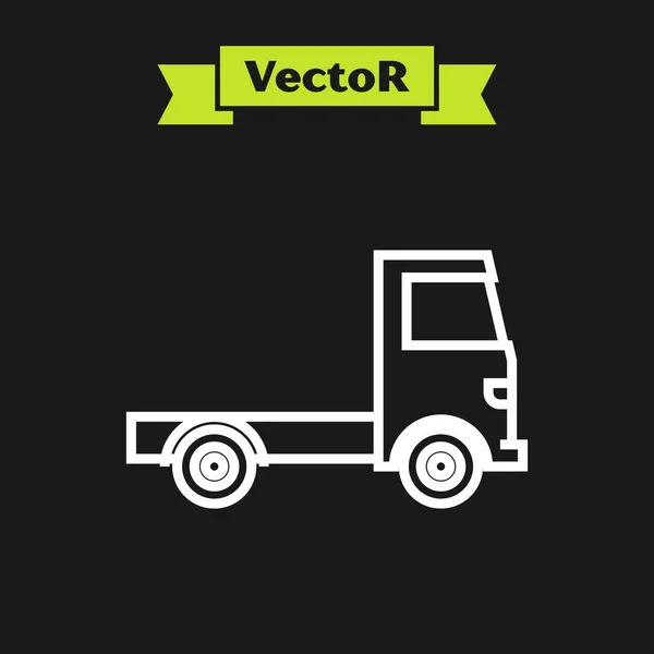 Weiße Linie Lieferung Lastkraftwagen-Symbol isoliert auf schwarzem Hintergrund. Vektorillustration — Stockvektor