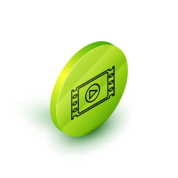 Isométrique ligne Lecture icône vidéo isolé sur fond blanc. Bande de film avec panneau de jeu. Bouton rond vert. Illustration vectorielle — Image vectorielle