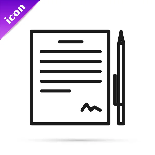Μαύρη γραμμή Συμβόλαιο με το εικονίδιο στυλό απομονώνονται σε λευκό φόντο. Εικόνα αρχείου. Εικονίδιο λίστας ελέγχου. Επιχειρηματική ιδέα. Εικονογράφηση διανύσματος — Διανυσματικό Αρχείο