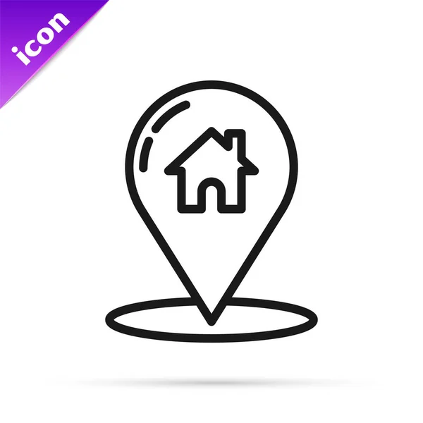 Schwarze Linie Kartenzeiger mit Haus-Symbol isoliert auf weißem Hintergrund. Markierungssymbol für den Wohnort. Vektorillustration — Stockvektor