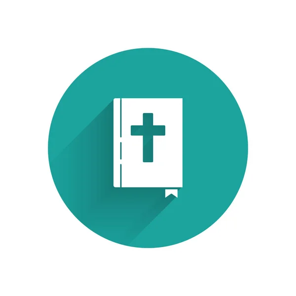長い影で隔離された白い聖書の本のアイコン 緑色の丸ボタン ベクターイラスト — ストックベクタ