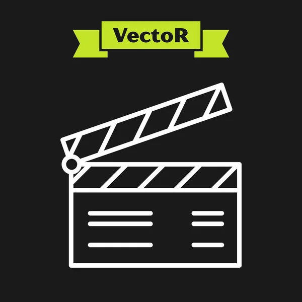 Línea blanca Icono de aplauso de película aislado sobre fondo negro. Tablero de aplausos de película. Signo de tablilla. Producción cinematográfica o concepto de industria de medios. Ilustración vectorial — Vector de stock