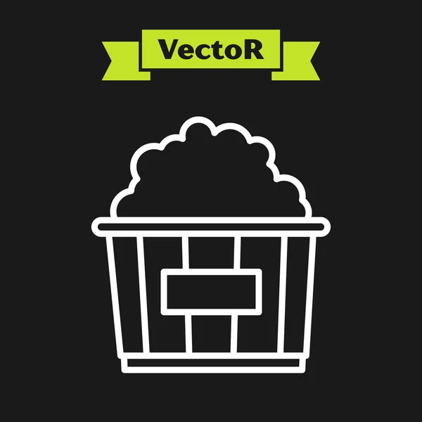 Weiße Linie Popcorn in Karton-Symbol isoliert auf schwarzem Hintergrund. Popcorn-Eimerbox vorhanden. Vektorillustration — Stockvektor