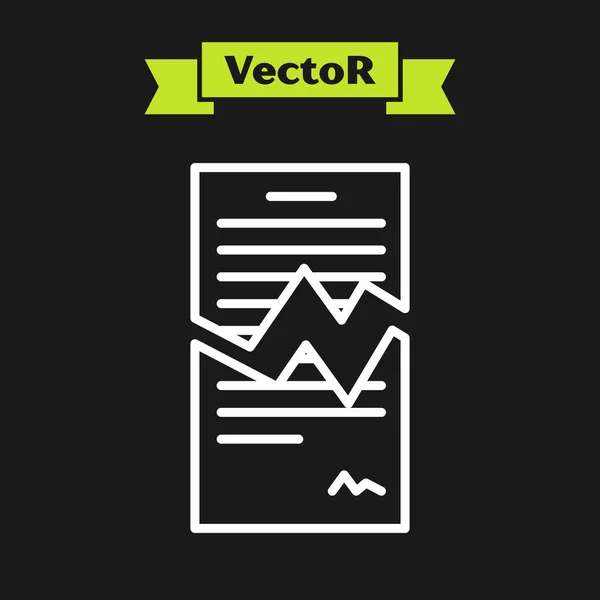 Ligne blanche Icône de contrat déchiré isolé sur fond noir. Icône de fichier. Icône Liste de vérification. Concept d'entreprise. Illustration vectorielle — Image vectorielle
