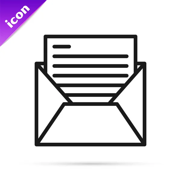 Línea negra Icono de correo electrónico y correo electrónico aislado sobre fondo blanco. Envolvente símbolo e-mail. Señal de correo electrónico. Ilustración vectorial — Vector de stock