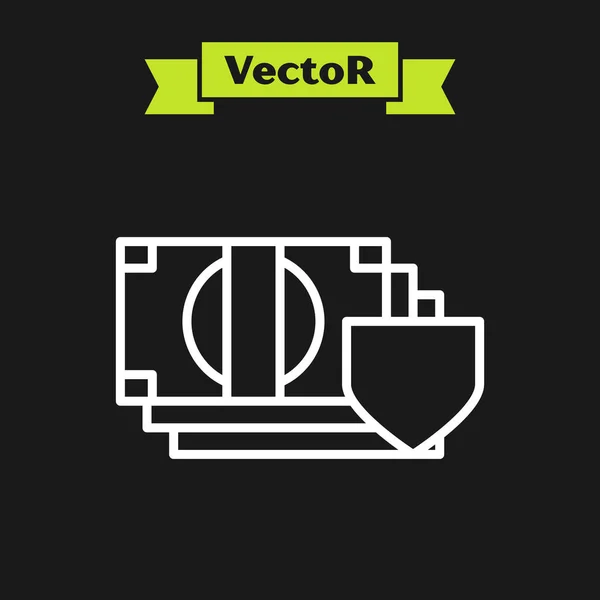 Bílá čára Peníze s ikonou štítu izolované na černém pozadí. Pojištění. Zabezpečení, bezpečnost, ochrana, koncepce ochrany. Vektorová ilustrace — Stockový vektor