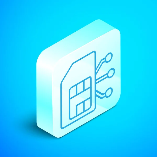 Isometric line Sim card icon isolated on blue background. Mobile cellular phone sim card chip. Mobile telecommunications technology symbol. Silver square button. Vector Illustration — Stock Vector