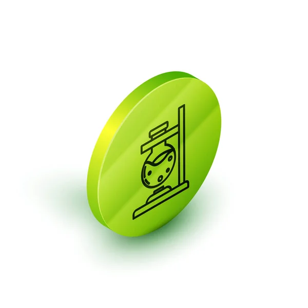 Ισομετρική γραμμή Γυάλινη φιάλη δοκιμαστικού σωλήνα σε εικονίδιο πειράματος θερμαντήρα φωτιάς που απομονώνεται σε λευκό φόντο. Εργαστηριακός εξοπλισμός. Πράσινο κουμπί κύκλου. Εικονογράφηση διανύσματος — Διανυσματικό Αρχείο