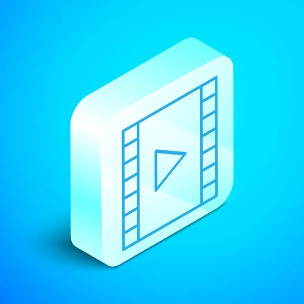 Línea isométrica Reproducir icono de vídeo aislado sobre fondo azul. Película de tira con señal de juego. Botón cuadrado plateado. Ilustración vectorial — Vector de stock