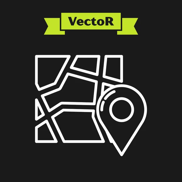 Weiße Linie gefaltete Karte mit Ortsmarkierungssymbol isoliert auf schwarzem Hintergrund. Vektorillustration — Stockvektor